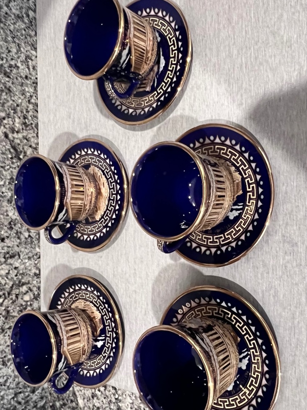 Greek Parthenon 24K Gold Cobalt Cup & Saucer Set 10 Pieces - Picture 2 of 15
